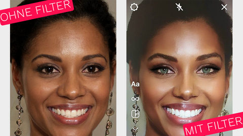 Bild von einer Frau mit dunkler Hautfarbe - links ohne Filter, rechts das gleiche Bild mit Filter und hellerer Hautfarbe