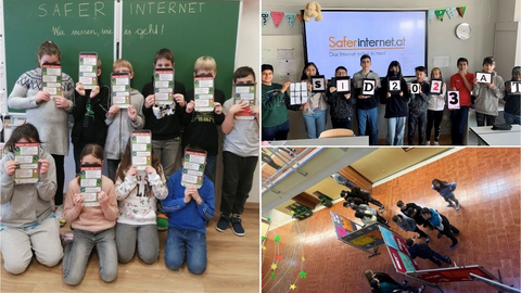3 Fotos von Safer-Internet-Day Aktivitäten an Volkschulen