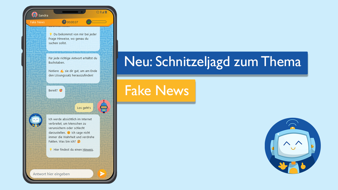 Screenshot der Schnitzeljagd zum Thema Fake News mit dem Text "Neu: Schnitzeljagd zum Thema Fake News"