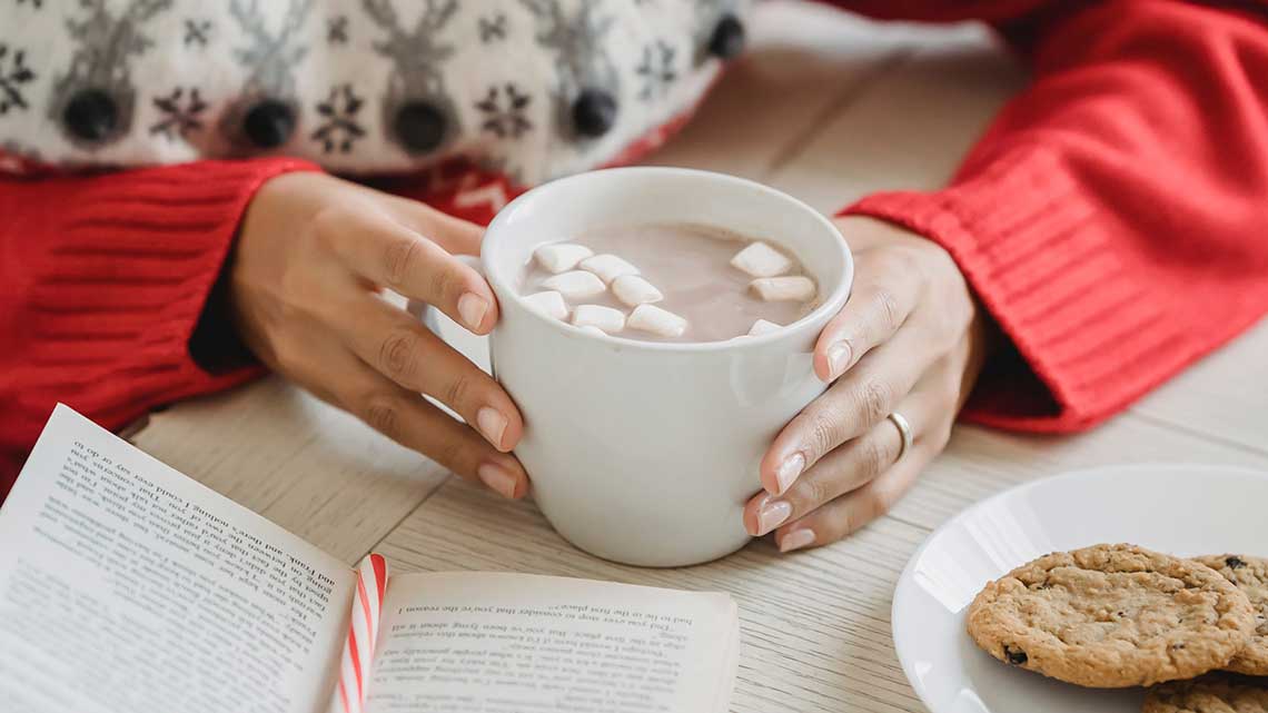 Frau im Advent mit einer Tasse Kakao, Keksen und einem Buch
